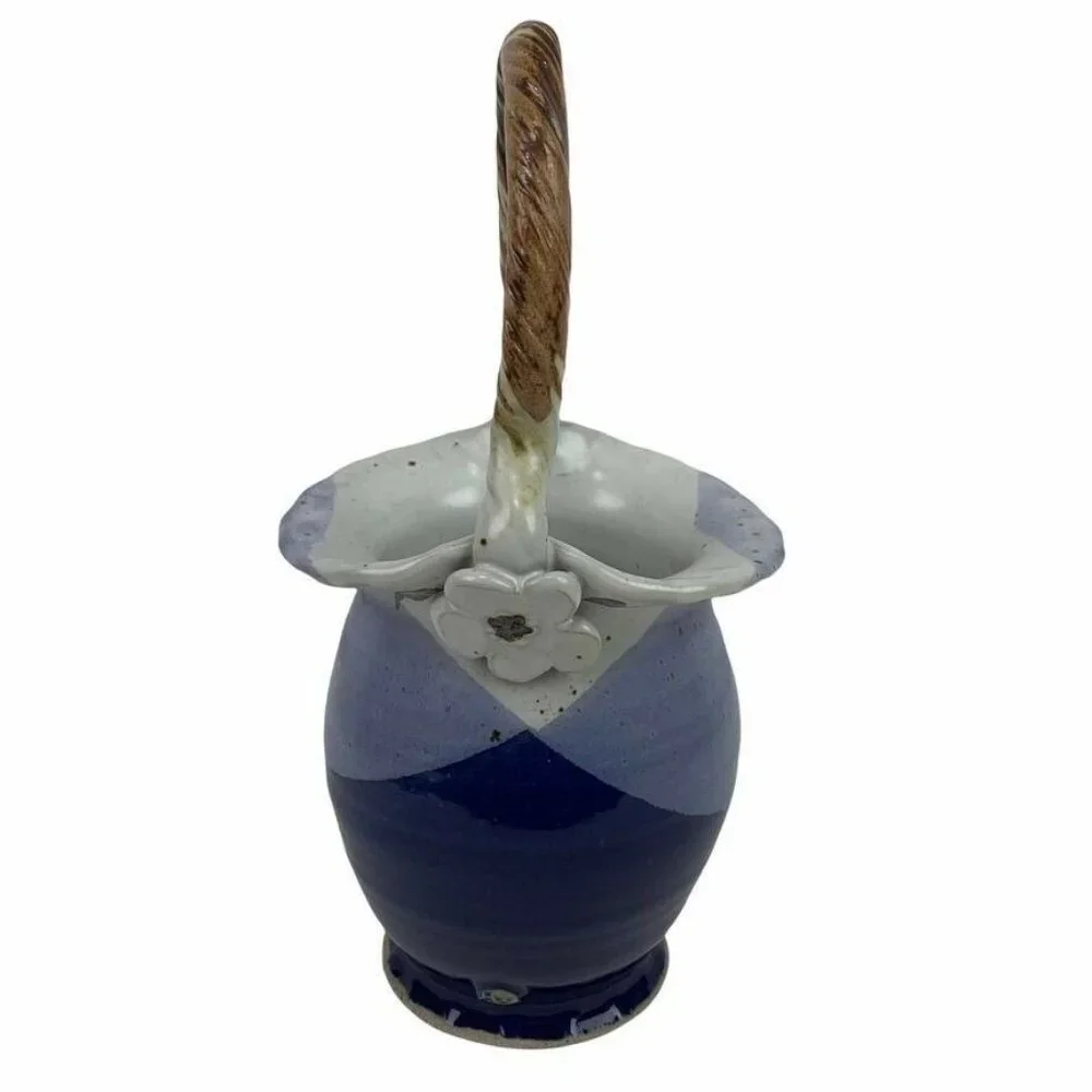Artist Stamped Pottery Basket Vase Fluted Crimped‎ Rim Twisted Handle Blue Grey